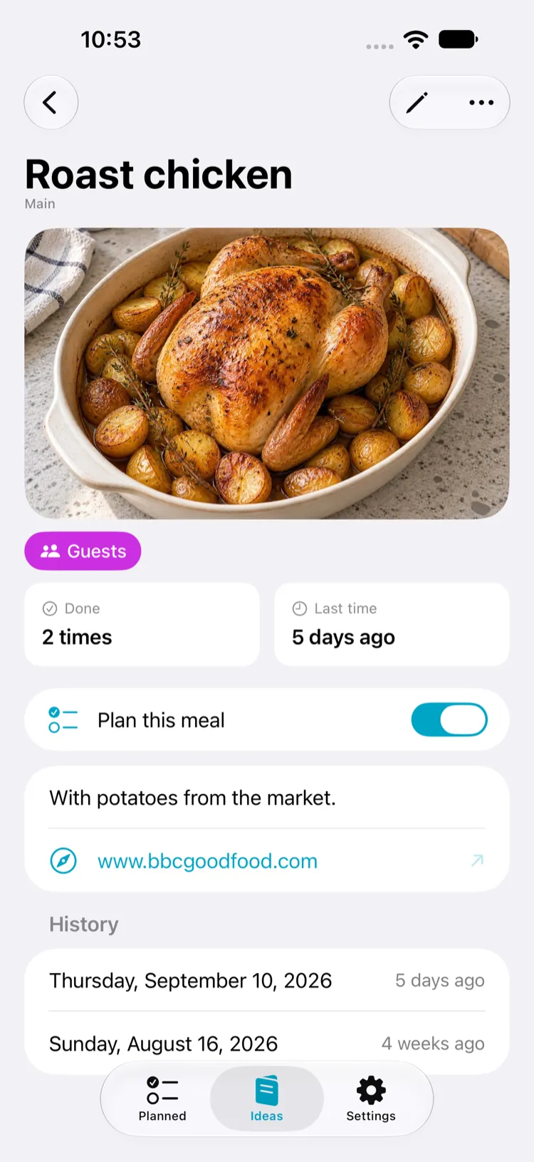 A meal page in Mioum, with its photo, tags and history