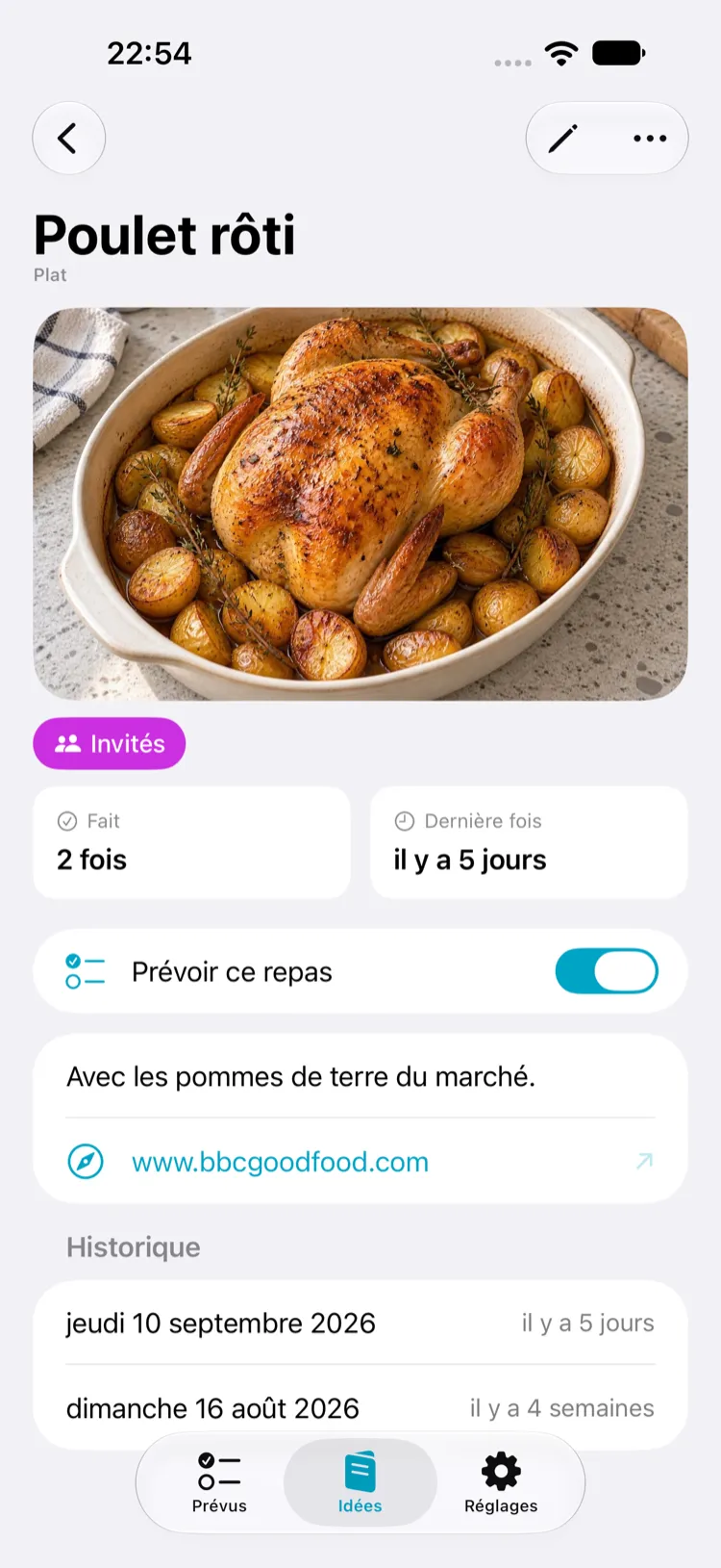 La fiche d'un repas dans Mioum, avec sa photo, ses tags et son historique