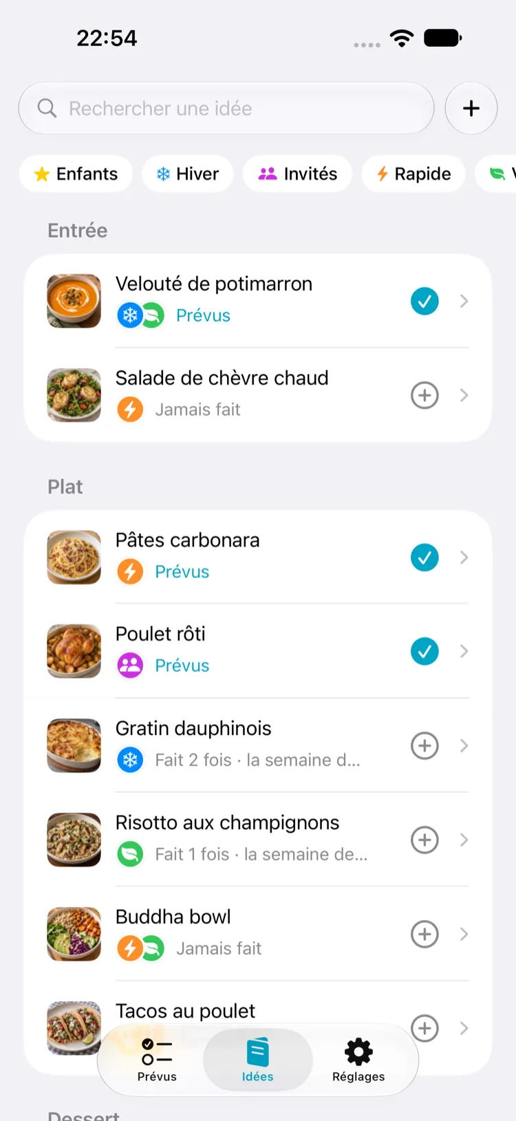 La liste des idées dans Mioum, avec photos et tags