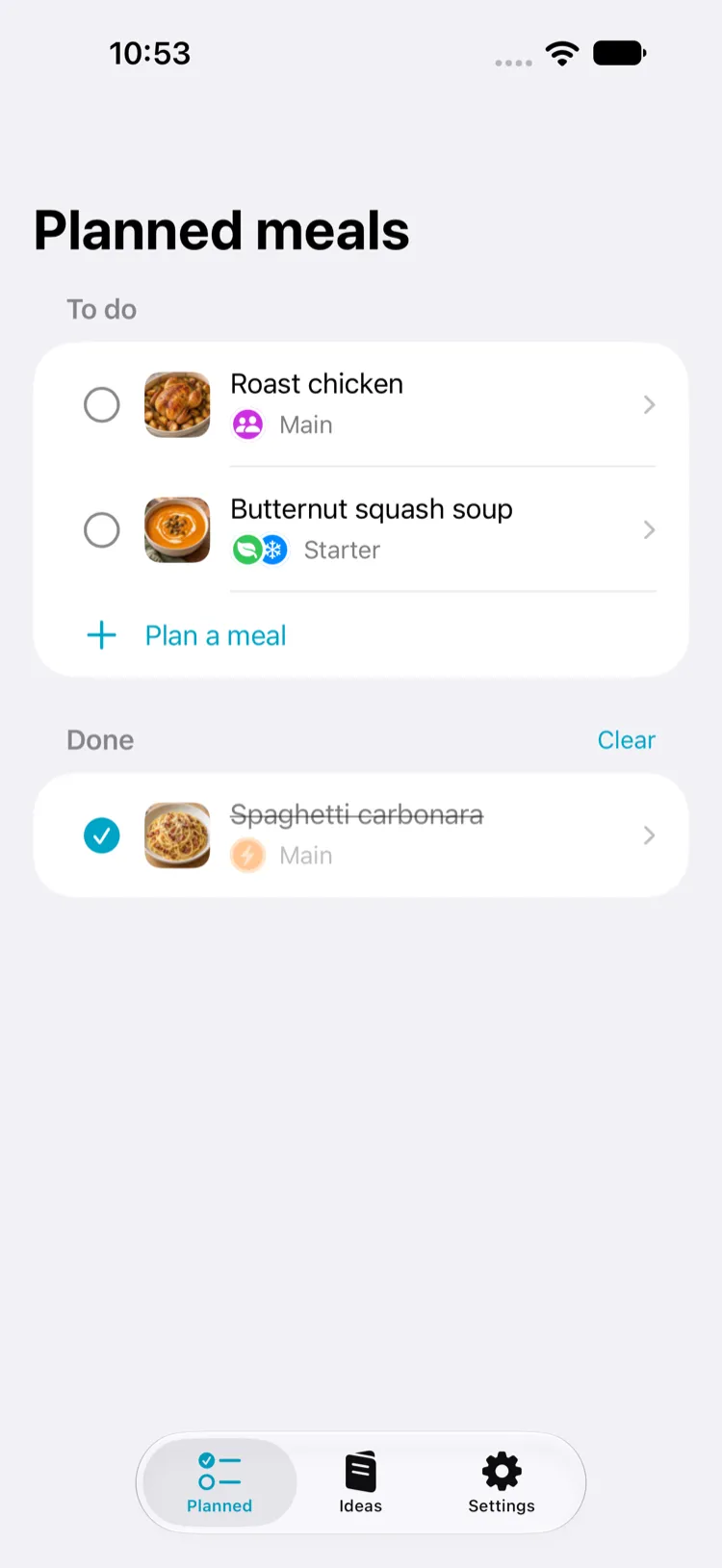 The list of planned meals in Mioum, with two meals to cook and one already done