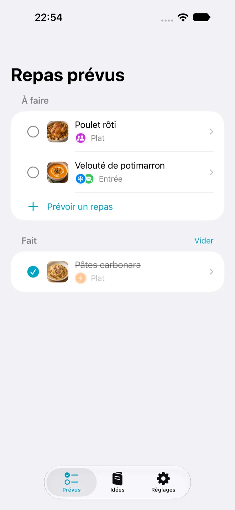 La liste des repas prévus dans Mioum, avec deux repas à faire et un déjà fait